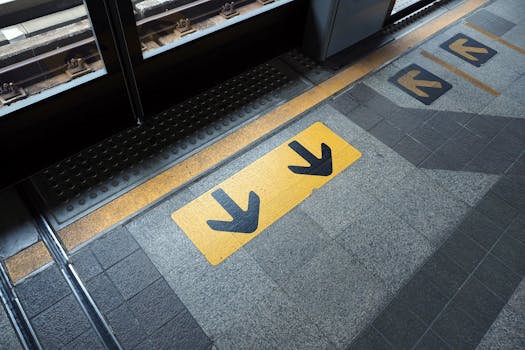 Urban metro platform showcasing guidance arrows and tracks.